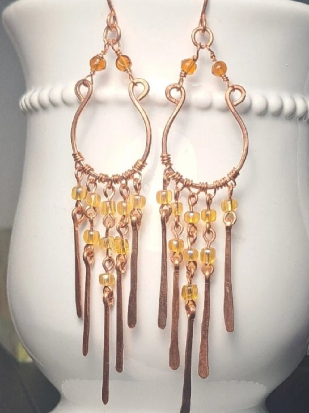 Copper Chandelier Earrings w Amber Beads